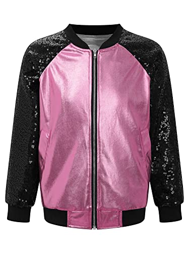 iEFiEL Kinder Jungen Mädchen Metallic Baseball Jacke Kurz Wetlook Jacke Langarm College Sweatjacke Vintage Disco Outfits Y2K Kostüm für Halloween Party X Rosa 134-140 von iEFiEL