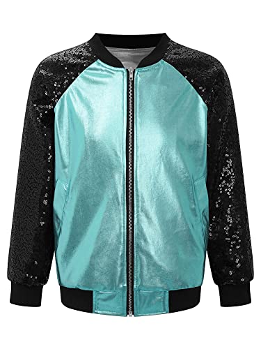 iEFiEL Kinder Jungen Mädchen Metallic Baseball Jacke Kurz Wetlook Jacke Langarm College Sweatjacke Vintage Disco Outfits Y2K Kostüm für Halloween Party X See Blau 122-128 von iEFiEL