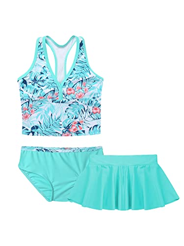 iEFiEL Kinder Mädchen Badeanzug Floral Druck Bikini Set Racerback Tops + Rock + Badehose Kinder Bademode Tankini Schwimmanzug Minz Grün 128-140 von iEFiEL