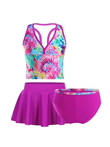 iEFiEL Kinder Mädchen Badeanzug Floral Druck Bikini Set Racerback Tops + Rock + Badehose Kinder Bademode Tankini Schwimmanzug Rosa 152-164 von iEFiEL