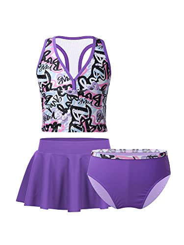 iEFiEL Kinder Mädchen Badeanzug Floral Druck Bikini Set Racerback Tops + Rock + Badehose Kinder Bademode Tankini Schwimmanzug Violett Z 140-152 von iEFiEL