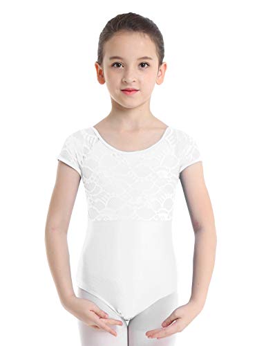 iEFiEL Kinder Mädchen Ballettanzug Ballettkleidung mit Rückenfrei Design Tanz Body Trikot Spitze Gymnastikanzug Turnanzug Gr. 92-164 Weiß 140-152 von iEFiEL