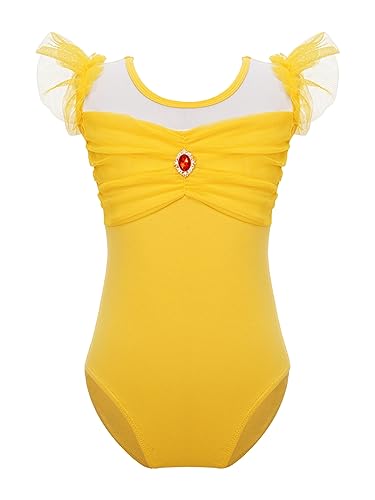 iEFiEL Kinder Mädchen Ballettanzug Ballettkleidung mit Rückenfrei Design Tanz Body Trikot Spitze Gymnastikanzug Turnanzug Gr. 92-164 X Gelb 110-116 von iEFiEL