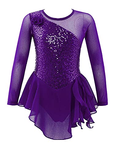 iEFiEL Kinder Mädchen Eiskunstlauf Kleid Langarm Swing Schaukel Tanzkleid Pailletten Ballettkleid Body Glitzer Trikot Turnanzug Gr. 104-176 Lila Blumen 128 von iEFiEL