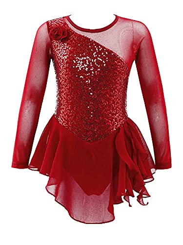 iEFiEL Kinder Mädchen Eiskunstlauf Kleid Langarm Swing Schaukel Tanzkleid Pailletten Ballettkleid Body Glitzer Trikot Turnanzug Gr. 104-176 Rot Blumen 116 von iEFiEL