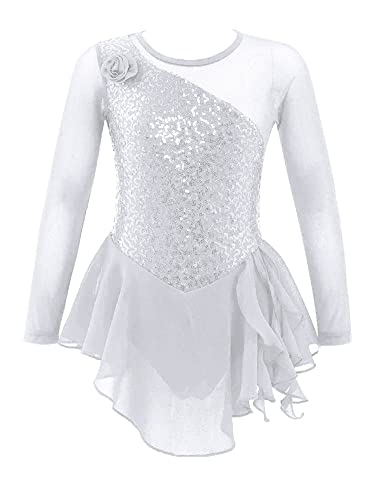 iEFiEL Kinder Mädchen Eiskunstlauf Kleid Langarm Swing Schaukel Tanzkleid Pailletten Ballettkleid Body Glitzer Trikot Turnanzug Gr. 104-176 Weiß Blumen 140 von iEFiEL