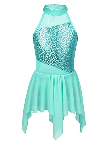 iEFiEL Kinder Mädchen Eiskunstlauf Kleid Ärmellose Tanzkleid Glitzer Tanzbody mit Strass Ballettkleid mit Tütü Rock aus Chiffon A Türkis 122-128 von iEFiEL