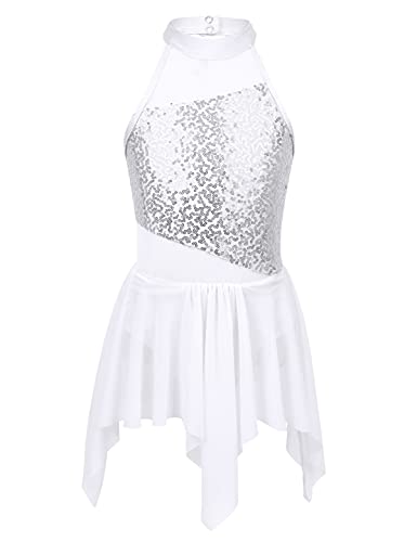 iEFiEL Kinder Mädchen Eiskunstlauf Kleid Ärmellose Tanzkleid Glitzer Tanzbody mit Strass Ballettkleid mit Tütü Rock aus Chiffon Weiß A 158-164 von iEFiEL