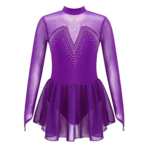 iEFiEL Kinder Mädchen Eiskunstlauf-Kleid Ballettkleid Swing Schaukel Tanzkleid Langarm Glitzer Turnanzug Tanz Kostüme Y Lila 128 von iEFiEL