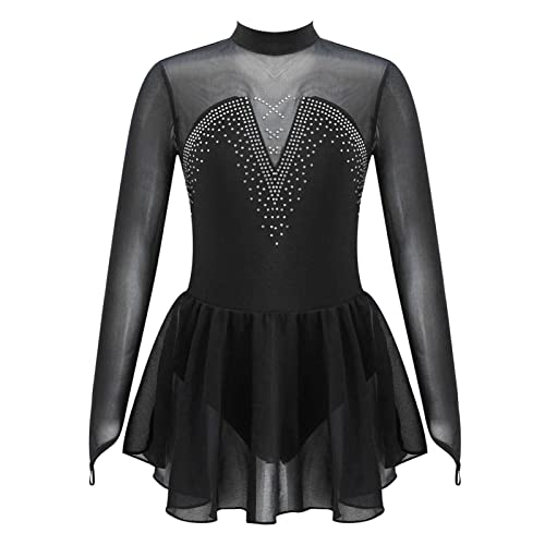 iEFiEL Kinder Mädchen Eiskunstlauf-Kleid Ballettkleid Swing Schaukel Tanzkleid Langarm Glitzer Turnanzug Tanz Kostüme Y Schwarz 128 von iEFiEL