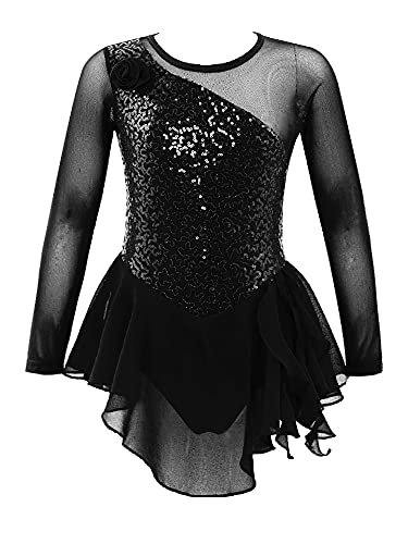 iEFiEL Kinder Mädchen Eiskunstlauf Kleid Langarm Swing Schaukel Tanzkleid Pailletten Ballettkleid Body Glitzer Trikot Turnanzug Gr. 104-176 Schwarz Blumen 140 von iEFiEL