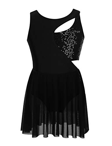 iEFiEL Kinder Mädchen Glitzer Eiskunstlauf Kleid Tanzkleid Blumenkleid Aushöhlen Ärmellos Gymnastik Body Ballettkleid Wertbewerb Kostüm Schwarz 158-164 von iEFiEL