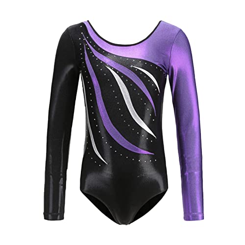 iEFiEL Kinder Mädchen Turnanzug Gymnastik Leotards Glanz Ballettanzug Tanz Abnutzungs Bodysuit Spleiß-Stil Trikot Anzug A Lila Langarm 140-146 von iEFiEL