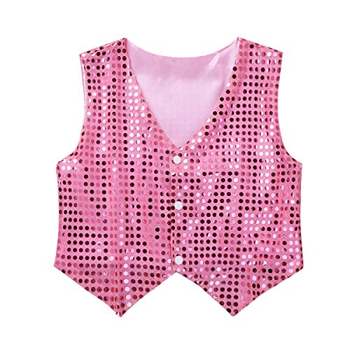 iEFiEL Kinder Mädchen Jungen Anzug Weste Pailletten Anzugjacke - Show Time Latin Tanz Weste Jäckchen Anzugweste Party Dancewear Gr. 122-164 Rosa 134-140 von iEFiEL