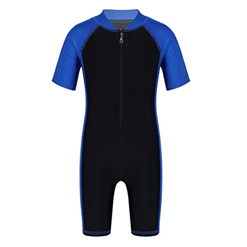 iEFiEL Kinder Mädchen Jungen Einteiliger Badeanzug mit Reißverschluss Kurzarm Schwimmanzug Schnelltrocknend Rash Guard mit Badekappe Blau + Schwarz 170-176 von iEFiEL