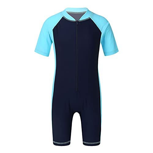 iEFiEL Kinder Mädchen Jungen Einteiliger Badeanzug mit Reißverschluss Kurzarm Schwimmanzug Schnelltrocknend Rash Guard mit Badekappe Navy Blau + Himmel Blau 170-176 von iEFiEL