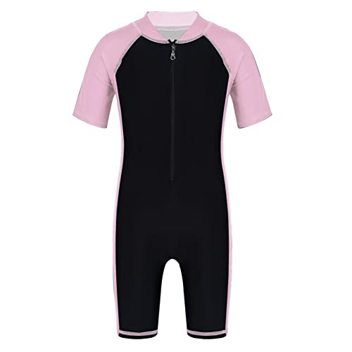 iEFiEL Kinder Mädchen Jungen Einteiliger Badeanzug mit Reißverschluss Kurzarm Schwimmanzug Schnelltrocknend Rash Guard mit Badekappe Rosa + Schwarz 170-176 von iEFiEL