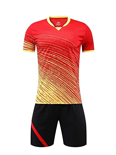 iEFiEL Kinder Mädchen Jungen Fussball Uniform Trikots Set Sportanzug Wettbewerb Sportbekleidung Kurzarm T-Shirt mit Kurze Hosen Shorts Basketball Sport Set Xd Rot 134-140 von iEFiEL