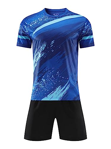 iEFiEL Kinder Mädchen Jungen Fussball Uniform Trikots Set Sportanzug Wettbewerb Sportbekleidung Kurzarm T-Shirt mit Kurze Hosen Shorts Basketball Sport Set Xe Blauer B 122-128 von iEFiEL