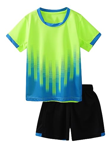 iEFiEL Kinder Mädchen Jungen Fussball Uniform Trikots Set Sportanzug Wettbewerb Sportbekleidung Kurzarm T-Shirt mit Kurze Hosen Shorts Basketball Sport Set Xf Leuchtendes Grün 110-116 von iEFiEL