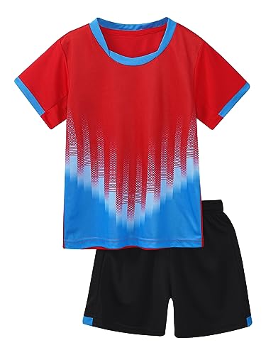 iEFiEL Kinder Mädchen Jungen Fussball Uniform Trikots Set Sportanzug Wettbewerb Sportbekleidung Kurzarm T-Shirt mit Kurze Hosen Shorts Basketball Sport Set Xf Rot 110-116 von iEFiEL