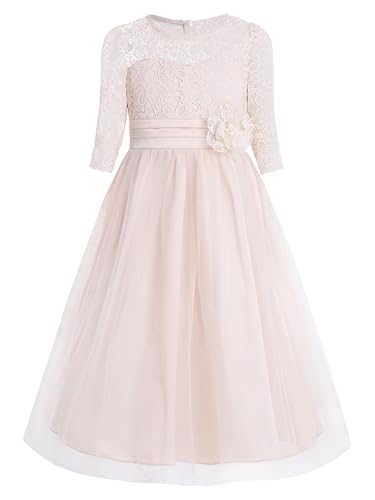 iEFiEL Kinder Mädchen Kleider Festlich Halb Arm Blumenspitze Brautjungfern Kleid Lang Prinzessin Hochzeit Party Kleid Tüllkleid Champagner 128 von iEFiEL