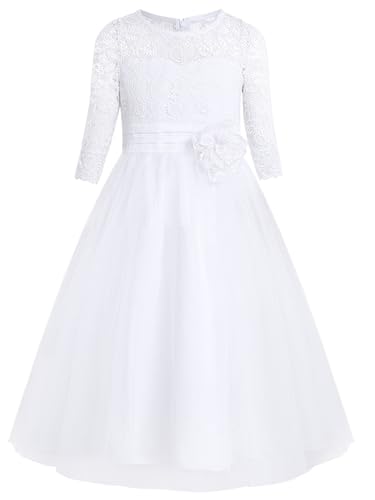 iEFiEL Kinder Mädchen Kleider Festlich Halb Arm Blumenspitze Brautjungfern Kleid Lang Prinzessin Hochzeit Party Kleid Tüllkleid Weiß 152 von iEFiEL