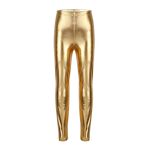 iEFiEL Mädchen Metallic Leggings Glänzend Shinny Disco Mode Tanz Leggings Lange Hosen Pants Party Karneval Fasching Wet Look Gold 110 von iEFiEL