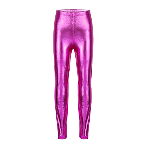 iEFiEL Mädchen Metallic Leggings Glänzend Shinny Disco Mode Tanz Leggings Lange Hosen Pants Party Karneval Fasching Wet Look Rose Rot 110 von iEFiEL