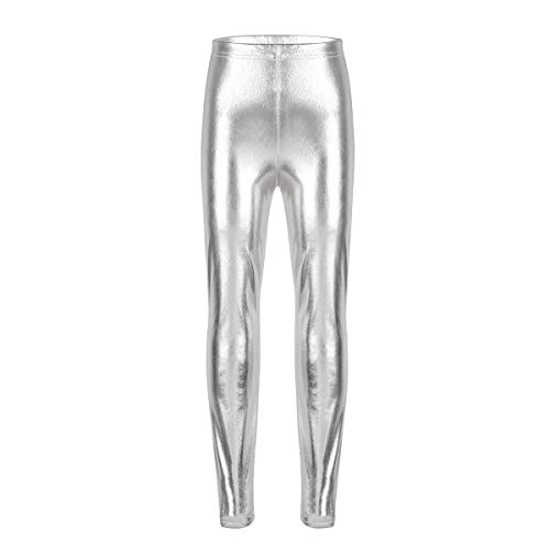 iEFiEL Mädchen Metallic Leggings Glänzend Shinny Disco Mode Tanz Leggings Lange Hosen Pants Party Karneval Fasching Wet Look Silber 130 von iEFiEL