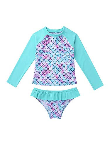 iEFiEL Kinder Mädchen Meerjungfrau Bikini Einhörner Badeanzug Floral Bademode Langarm Tankini Sets Rash Guards Gr. 92-176 Cyan 134-140 von iEFiEL