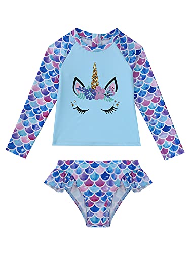 iEFiEL Kinder Mädchen Meerjungfrau Bikini Einhörner Badeanzug Floral Bademode Langarm Tankini Sets Rash Guards Gr. 92-176 Z Bunt 110-116 von iEFiEL