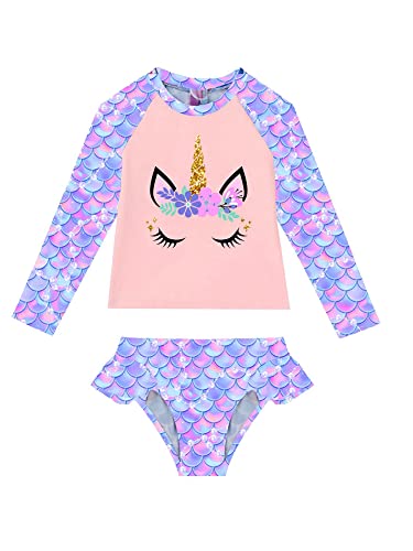 iEFiEL Kinder Mädchen Meerjungfrau Bikini Einhörner Badeanzug Floral Bademode Langarm Tankini Sets Rash Guards Gr. 92-176 Z Lila Einhörner 122-128 von iEFiEL