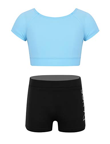 iEFiEL Kinder Mädchen Kurzarm Turnanzug mit Glitzer Strass Zweifarbig Crop Top + Shorts Workout Outfits Gymnastik Trikot Anzug Sets Hell Blau Kurzarm 140-152 von iEFiEL