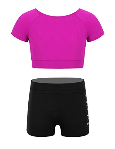 iEFiEL Kinder Mädchen Kurzarm Turnanzug mit Glitzer Strass Zweifarbig Crop Top + Shorts Workout Outfits Gymnastik Trikot Anzug Sets Rose Rot Kurzarm 122-128 von iEFiEL