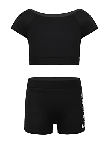 iEFiEL Kinder Mädchen Kurzarm Turnanzug mit Glitzer Strass Zweifarbig Crop Top + Shorts Workout Outfits Gymnastik Trikot Anzug Sets Schwarz Kurzarm 140-152 von iEFiEL