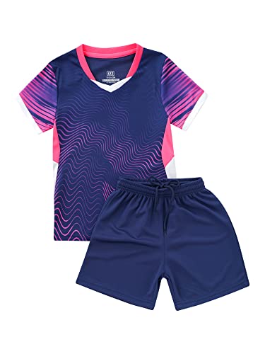 iEFiEL Kinder Mädchen Jungen Fussball Uniform Trikots Set Sportanzug Wettbewerb Sportbekleidung Kurzarm T-Shirt mit Kurze Hosen Shorts Basketball Sport Set Xc Marineblau 158-164 von iEFiEL