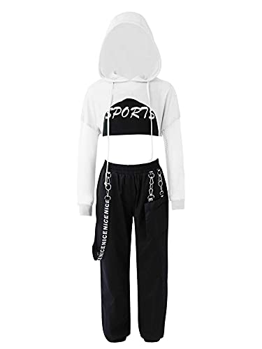 iEFiEL Kinder Trainingsanzug Mädchen Langarm Crop Top & Leggings Sportlich Outfits Jogginganzug Jogger Jumpsuit Hip-Pop Tanzkleidung Weiß mit Kapuzen 146-152 von iEFiEL