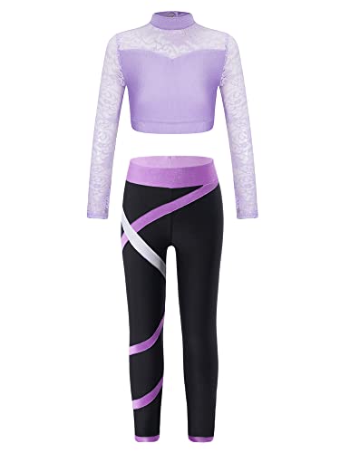 iEFiEL Kinder Trainingsanzug Mädchen Langarm Crop Top & Leggings Sportlich Outfits Jogginganzug Jogger Jumpsuit Hip-Pop Tanzkleidung Za Lavender 146-152 von iEFiEL