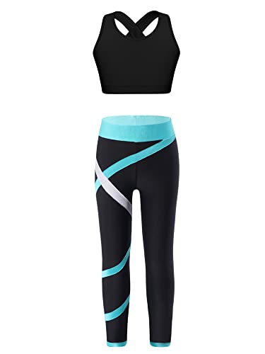 iEFiEL Kinder Trainingsanzug Mädchen Sport BH Weste + Leggings Sportlich Jogginganzug Druck Sportanzug Jumpsuit Große 98-176 Zc Schwarz + Grün 110-116 von iEFiEL