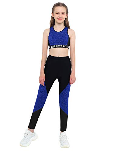 iEFiEL Kinder Trainingsanzug Mädchen Sport BH Weste + Leggings Sportlich Jogginganzug Druck Sportanzug Jumpsuit Große 98-176 Blau Schwarz 122-128 von iEFiEL