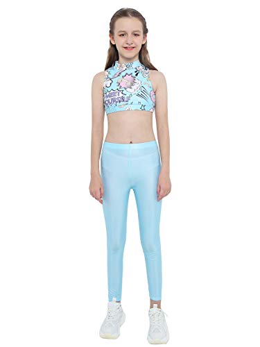 iEFiEL Kinder Trainingsanzug Mädchen Sport BH Weste + Leggings Sportlich Jogginganzug Druck Sportanzug Jumpsuit Große 98-176 C Blau 146-152 von iEFiEL