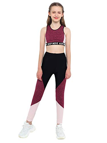 iEFiEL Kinder Trainingsanzug Mädchen Sport BH Weste + Leggings Sportlich Jogginganzug Druck Sportanzug Jumpsuit Große 98-176 Rot 110-116 von iEFiEL