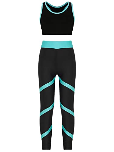 iEFiEL Kinder Trainingsanzug Mädchen Sport BH Weste + Leggings Sportlich Jogginganzug Druck Sportanzug Jumpsuit Große 98-176 Wa Blau Grün 110-116 von iEFiEL