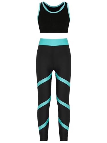 iEFiEL Kinder Trainingsanzug Mädchen Sport BH Weste + Leggings Sportlich Jogginganzug Druck Sportanzug Jumpsuit Große 98-176 Wa Blau Grün 122-128 von iEFiEL