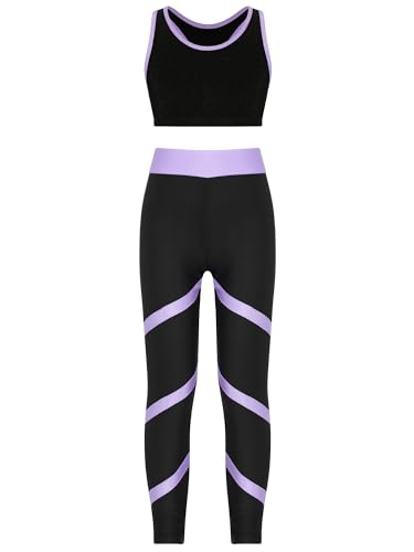 iEFiEL Kinder Trainingsanzug Mädchen Sport BH Weste + Leggings Sportlich Jogginganzug Druck Sportanzug Jumpsuit Große 98-176 Wa Lavender 110-116 von iEFiEL