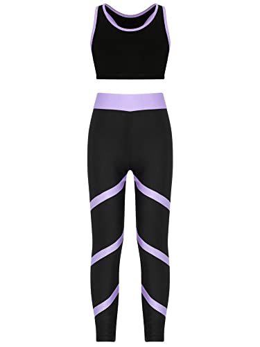 iEFiEL Kinder Trainingsanzug Mädchen Sport BH Weste + Leggings Sportlich Jogginganzug Druck Sportanzug Jumpsuit Große 98-176 Wa Lavender 122-128 von iEFiEL