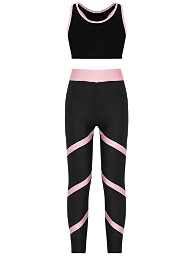 iEFiEL Kinder Trainingsanzug Mädchen Sport BH Weste + Leggings Sportlich Jogginganzug Druck Sportanzug Jumpsuit Große 98-176 Wa Rosa 110-116 von iEFiEL