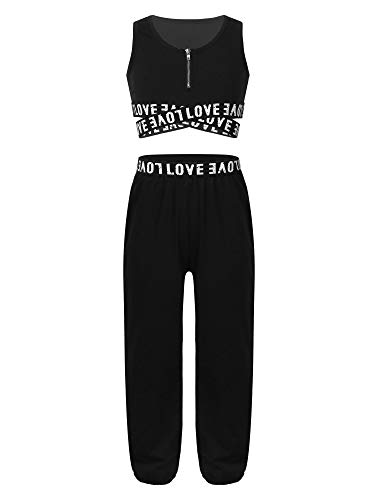 iEFiEL Kinder Trainingsanzug Mädchen Sport BH Weste + Leggings Sportlich Jogginganzug Druck Sportanzug Jumpsuit Große 98-176 Y Schwarz B 98-104 von iEFiEL