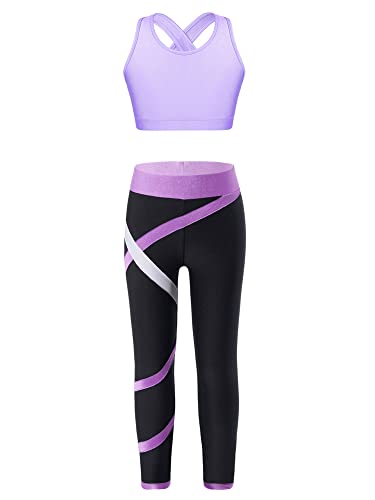 iEFiEL Kinder Trainingsanzug Mädchen Sport BH Weste + Leggings Sportlich Jogginganzug Druck Sportanzug Jumpsuit Große 98-176 Zc Schwarz + Lila 146-152 von iEFiEL